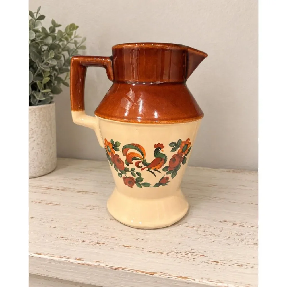 Vintage Rooster Floral Stoneware Pitcher